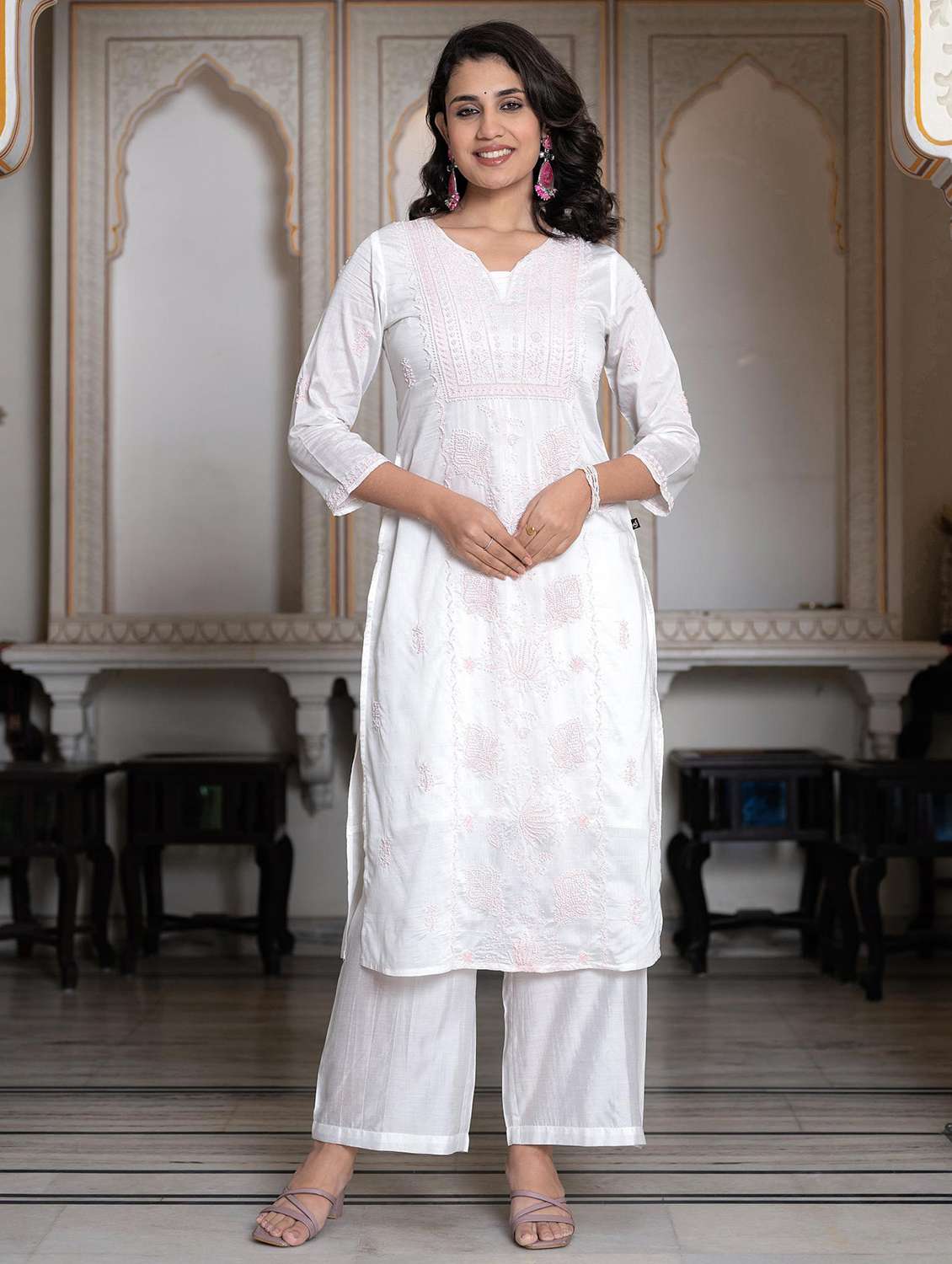 women three quarter sleeve kurta palazzo with dupatta set - 22014546 -  Standard Image - 2