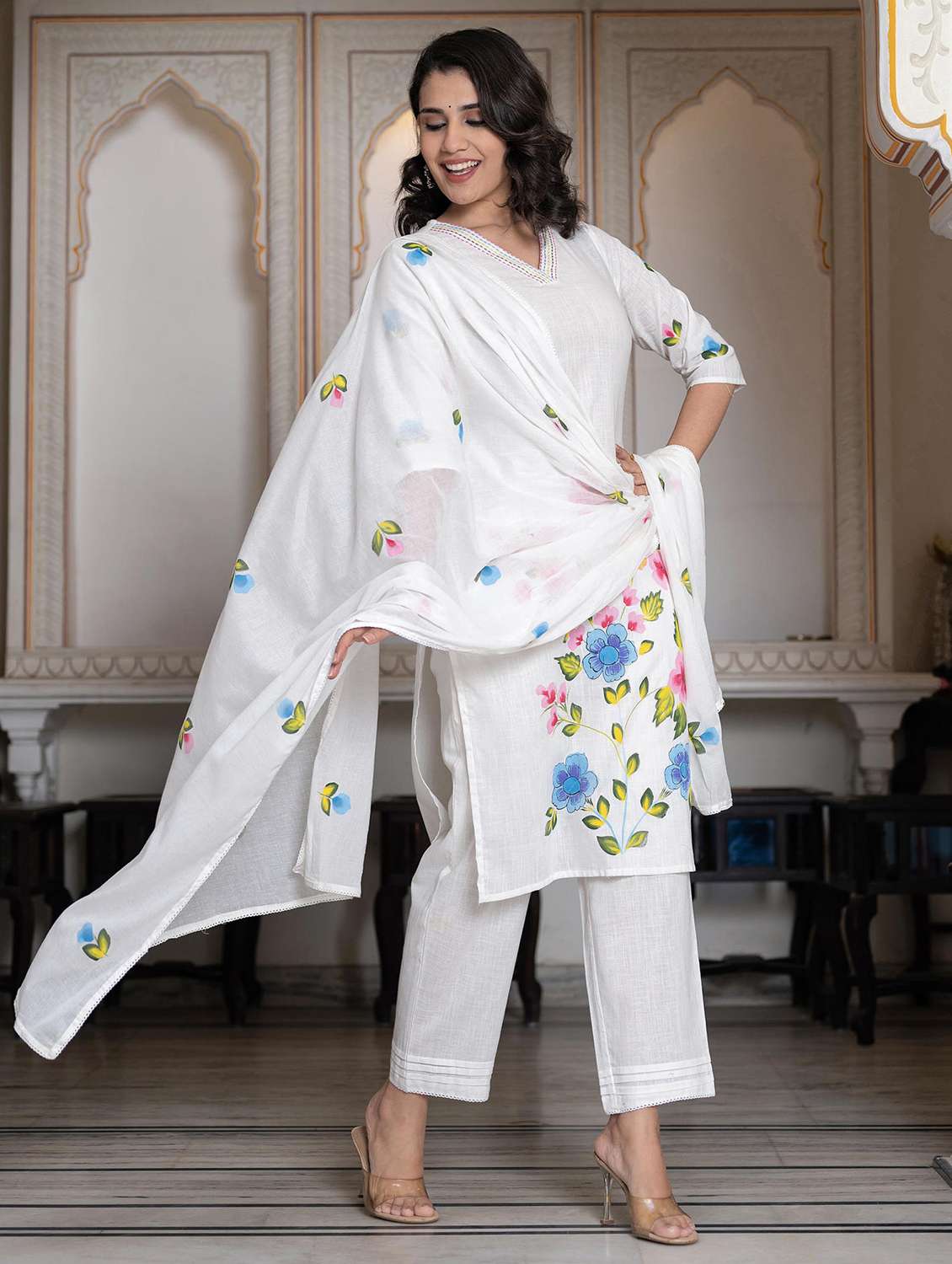 women three quarter sleeve kurta pant with dupatta set - 22014574 - Standard Image - 2