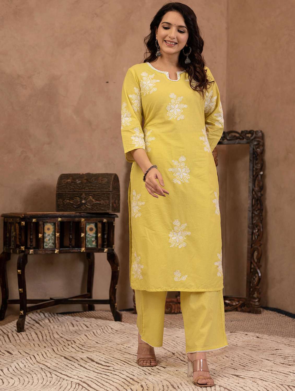 women embroidered three quarter sleeve kurta pant set - 22014579 - Standard Image - 2