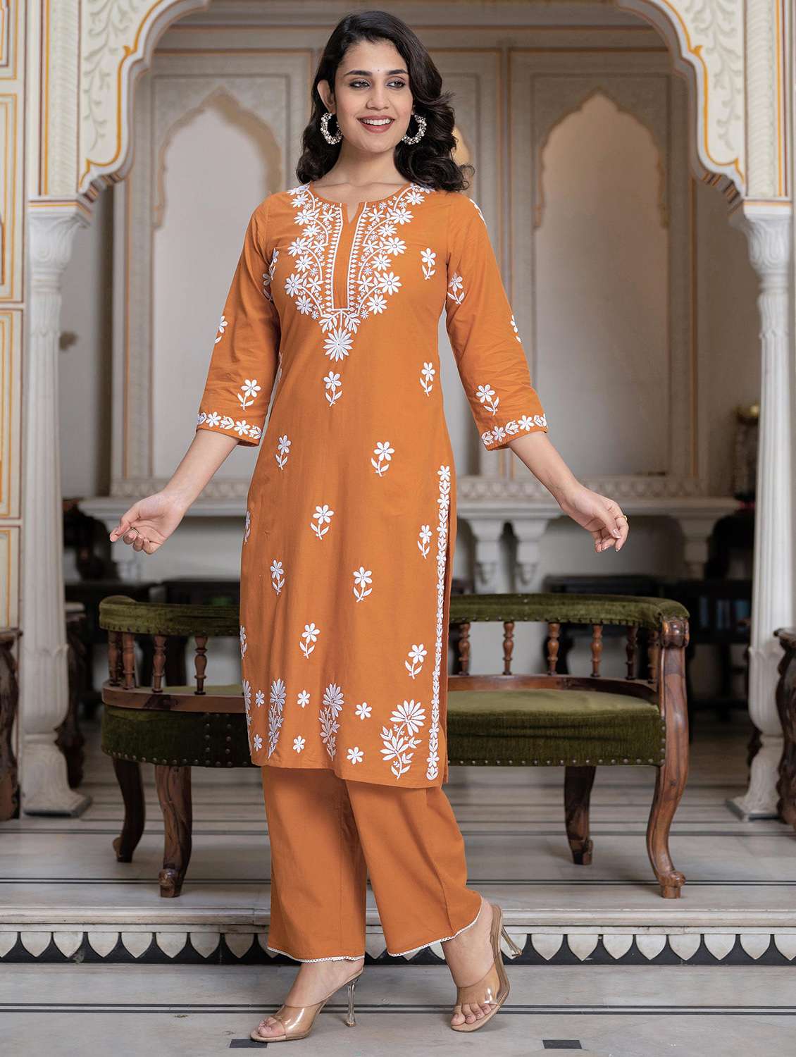 women embroidered three quarter sleeve kurta palazzo set - 22014583 - Standard Image - 2