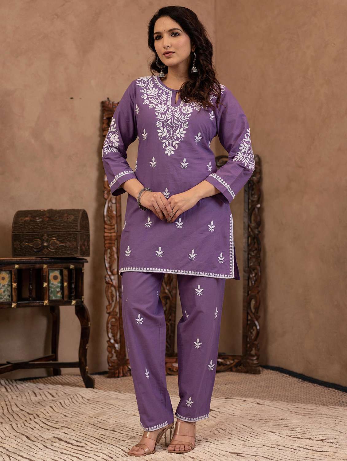 women three quarter sleeve ethnic co-ord set