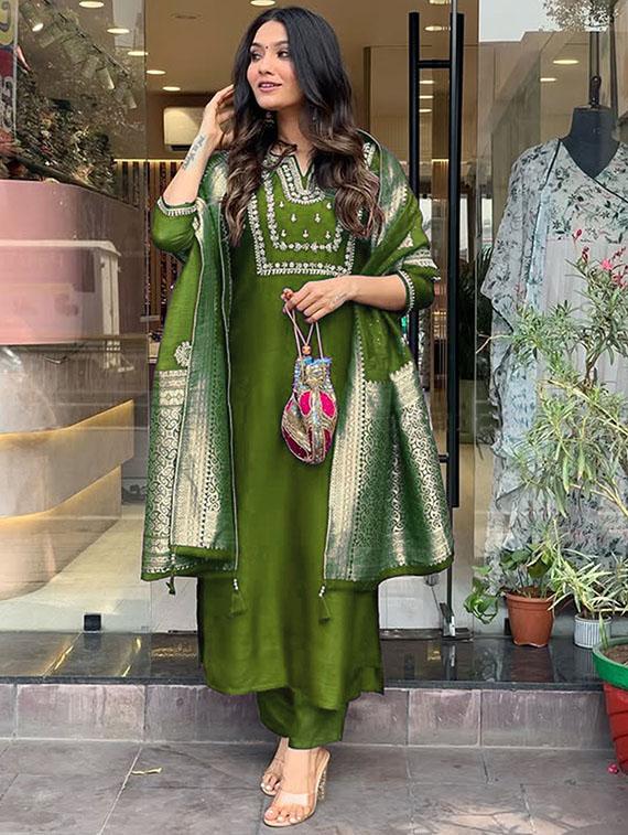 women embroidered three quarter sleeve kurta pant with dupatta set - 22014599 - Standard Image - 2