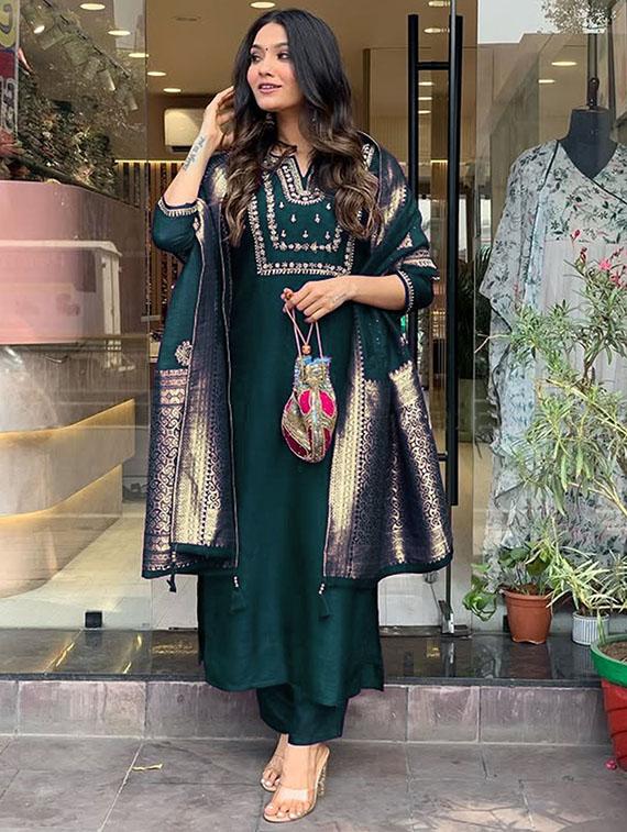women embroidered three quarter sleeve kurta pant with dupatta set - 22014601 - Standard Image - 2