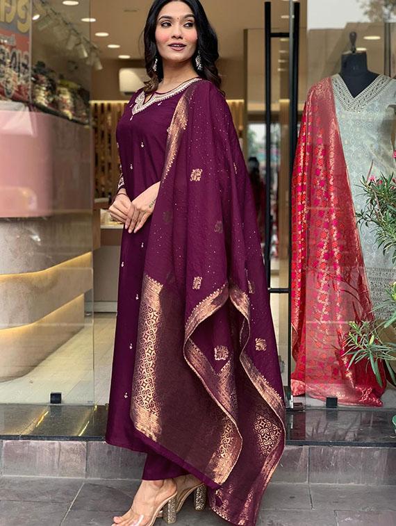 women embroidered three quarter sleeve kurta pant with dupatta set - 22014609 - Standard Image - 2