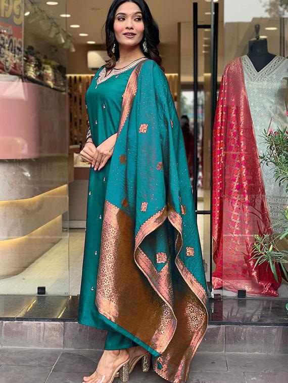 women embroidered three quarter sleeve kurta pant with dupatta set - 22014611 - Standard Image - 2