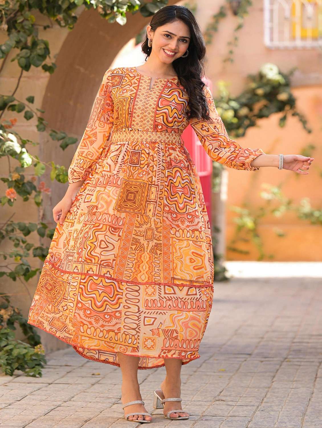 women printed notch neck tiered ethnic dress - 22014641 - Standard Image - 2