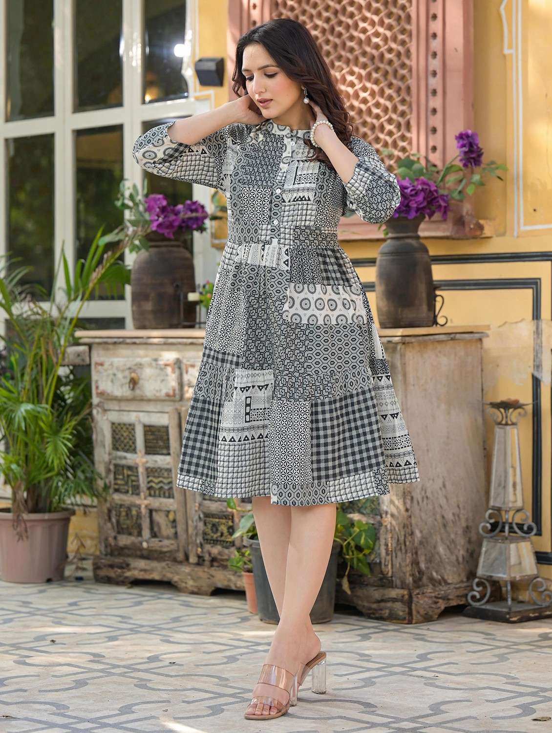 women printed mandarin neck tiered ethnic dress - 22014643 -  Standard Image - 2