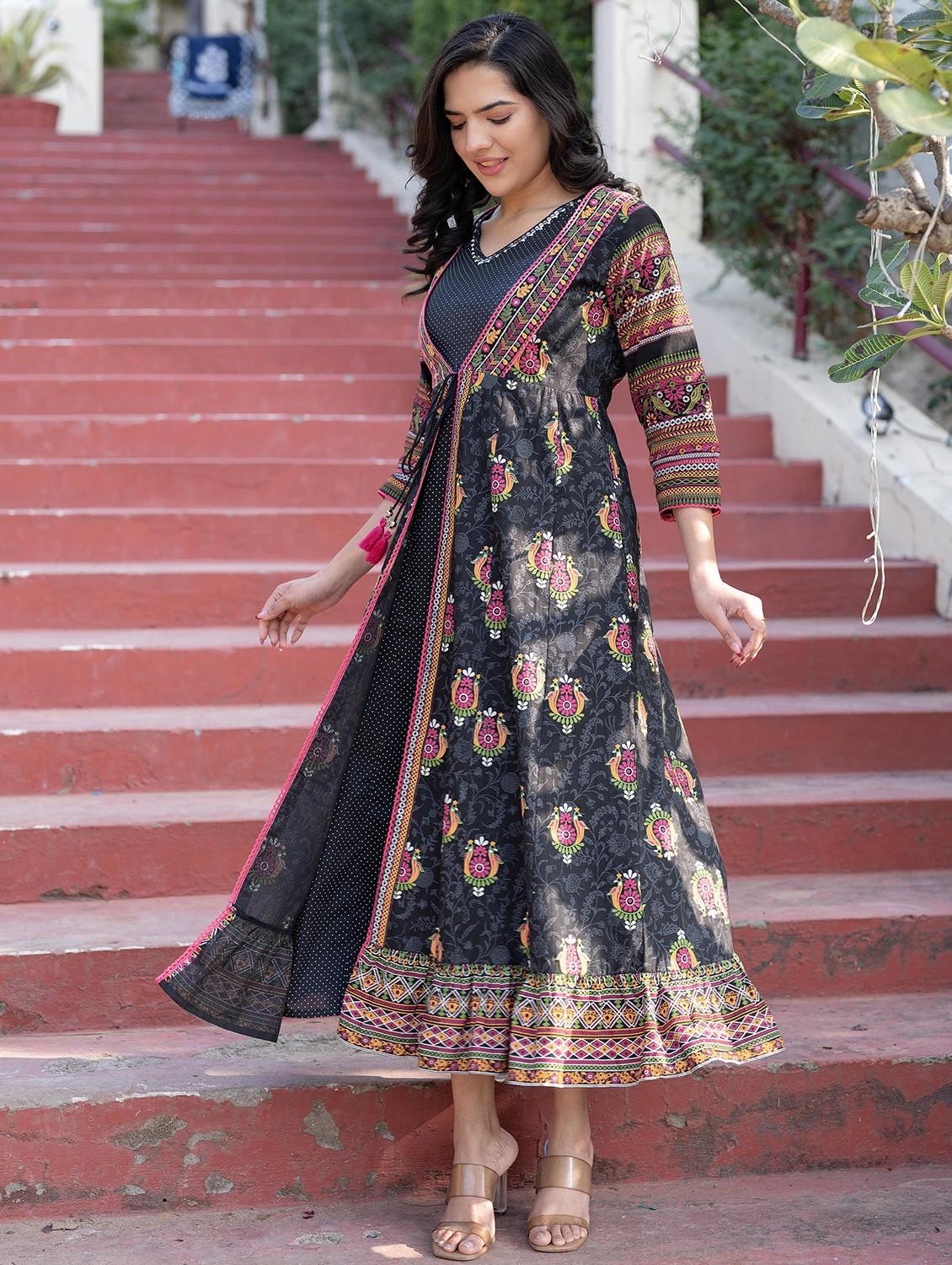 women printed v neck layered ethnic dress - 22014645 - Standard Image - 2