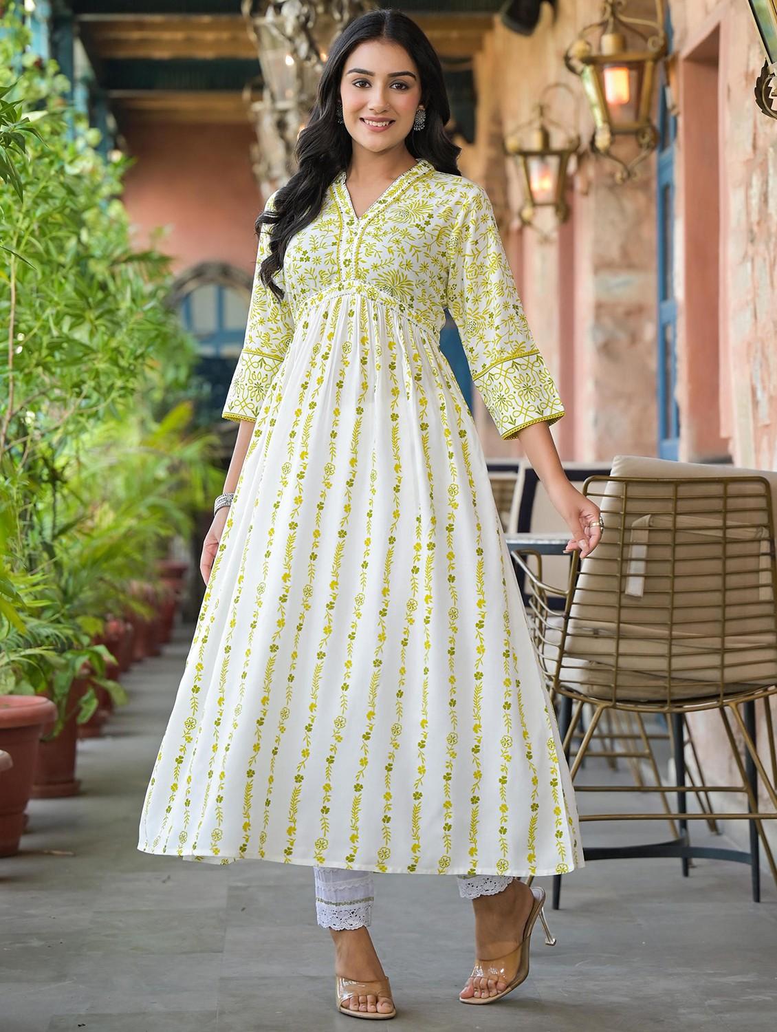 women printed three quarter sleeve a-line kurta - 22014648 - Standard Image - 2
