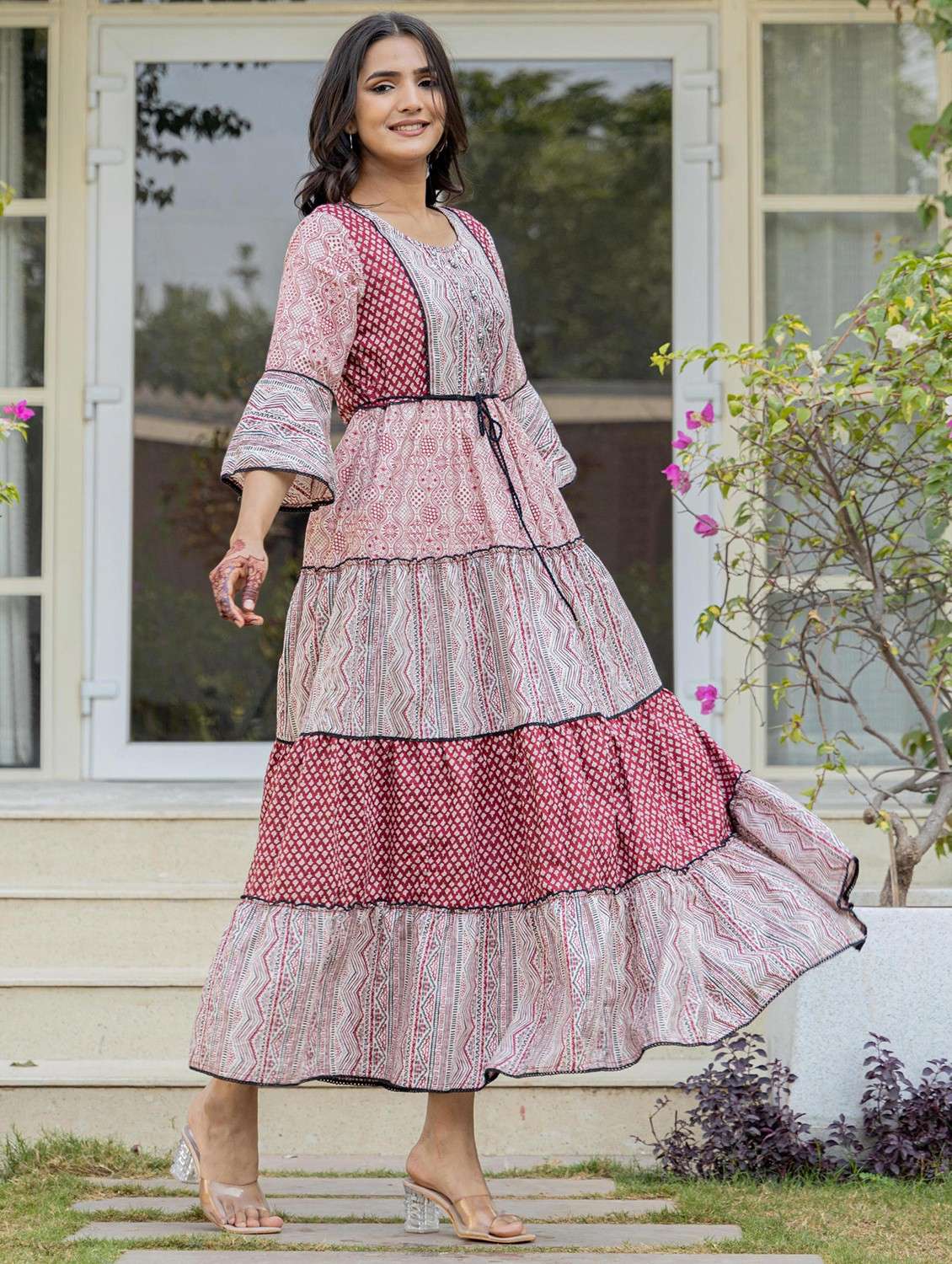 women printed round neck tiered ethnic dress - 22014652 -  Standard Image - 2