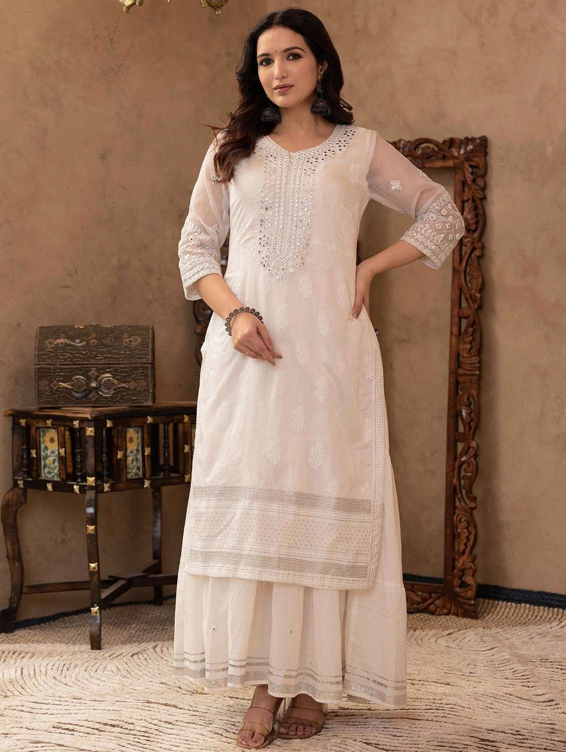 women embroidered three quarter sleeve ethnic dress - 22014660 -  Standard Image - 2