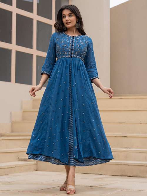 women embroidered three quarter sleeve ethnic dress - 22014664 -  Standard Image - 0