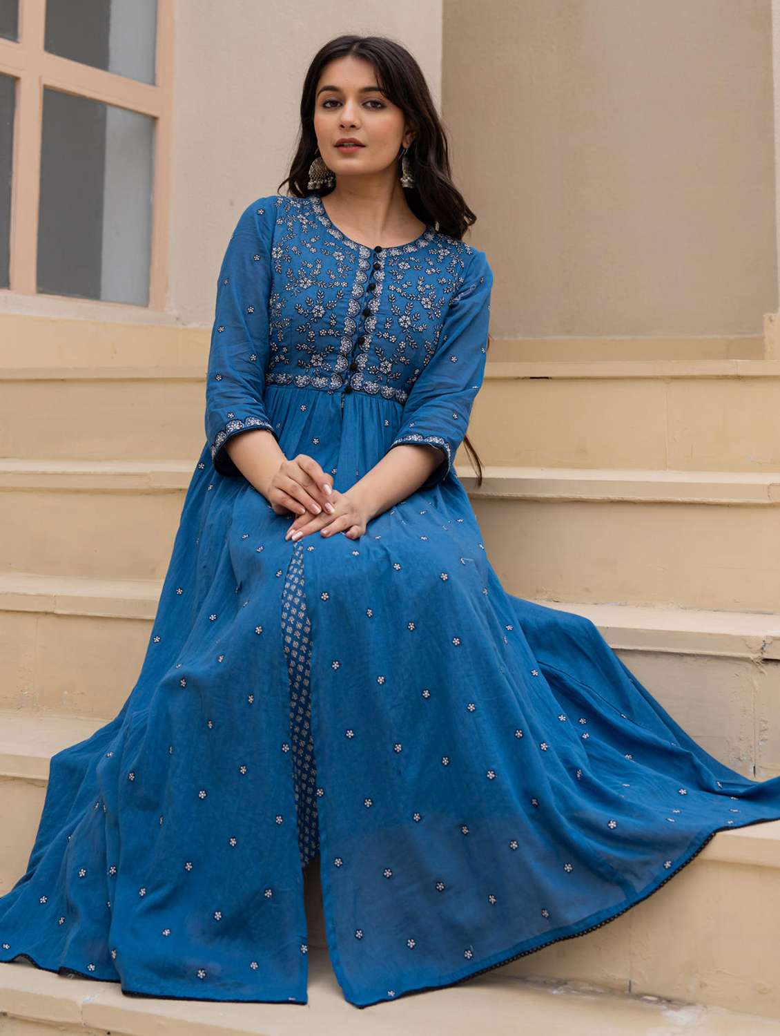 women embroidered three quarter sleeve ethnic dress - 22014664 -  Standard Image - 2