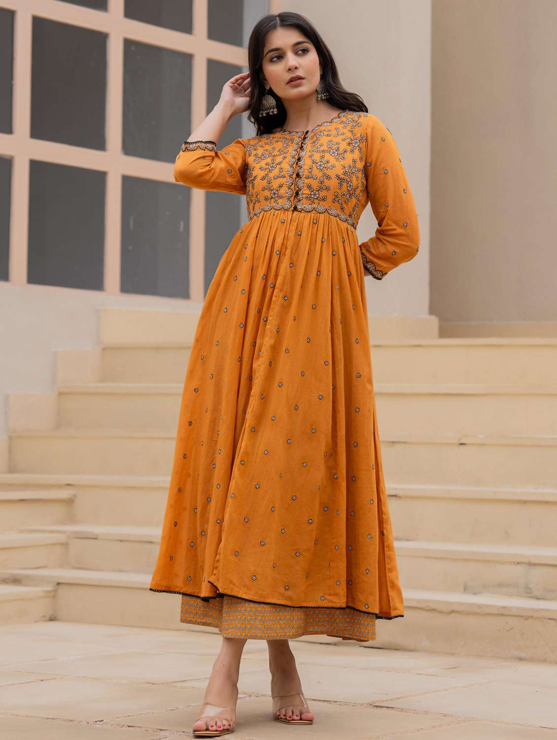 women embroidered three quarter sleeve ethnic dress