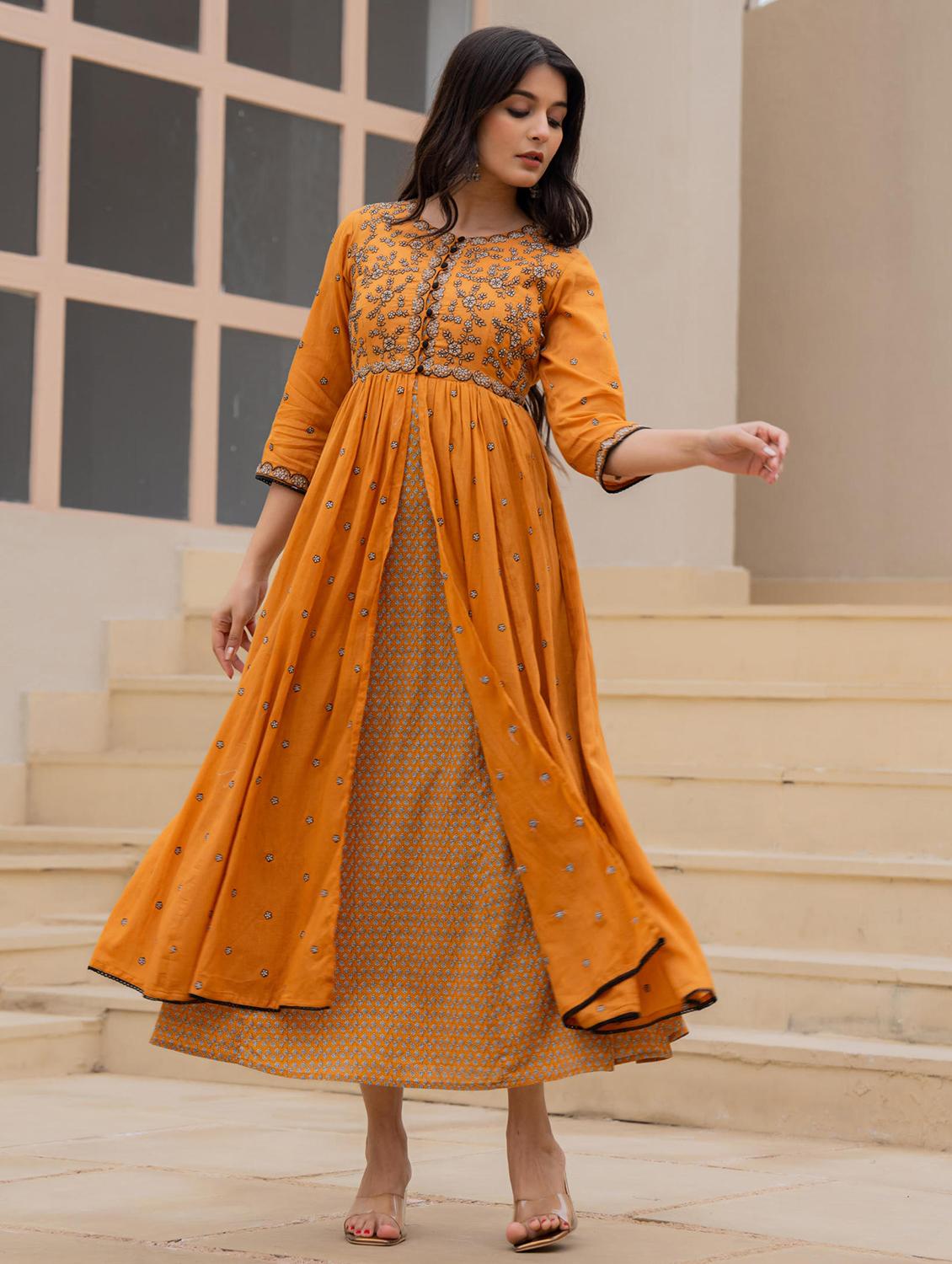 women embroidered three quarter sleeve ethnic dress - 22014665 - Standard Image - 2