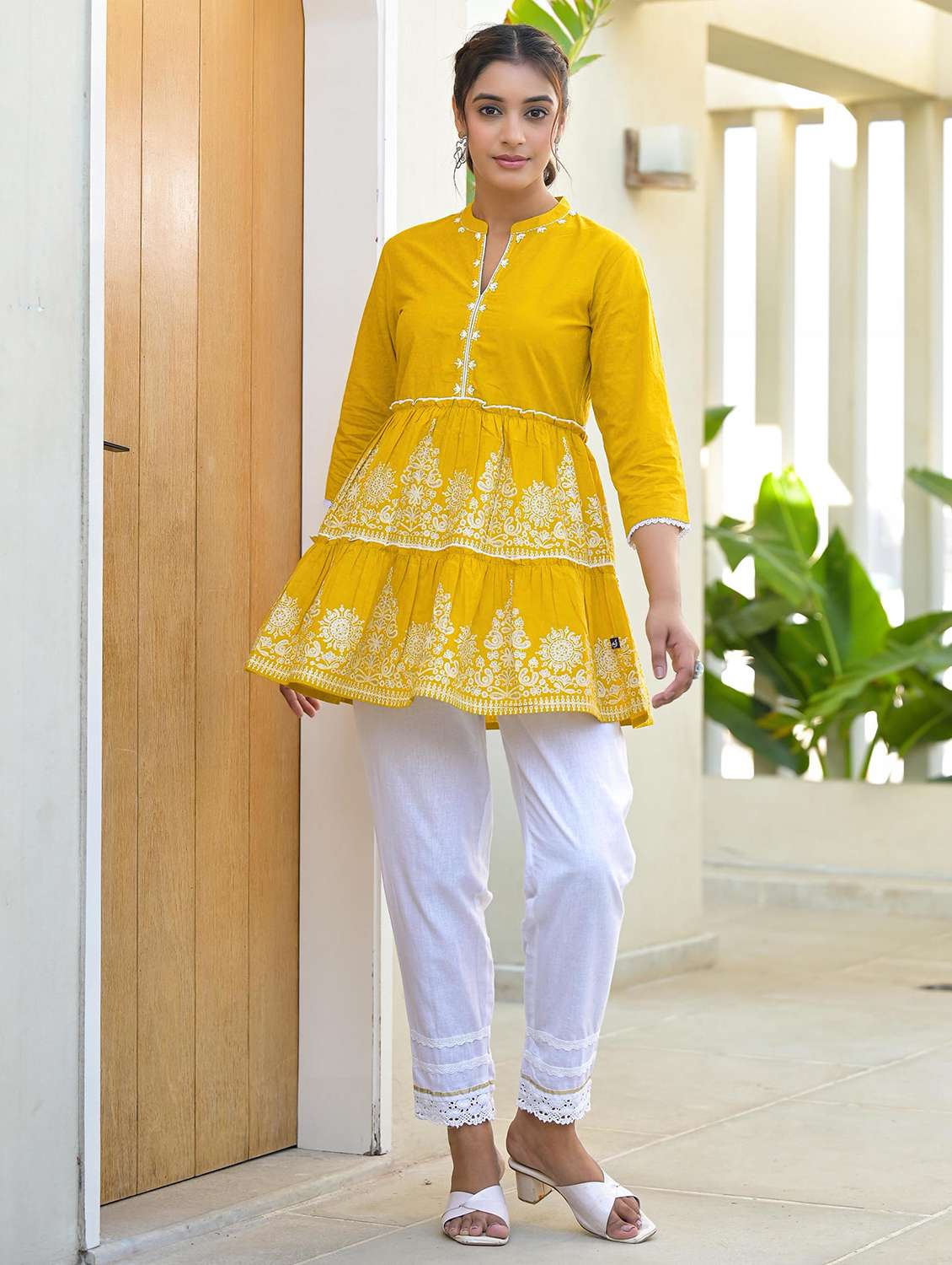 women embroidered three quarter sleeve tiered tunic  - 22014668 -  Standard Image - 2