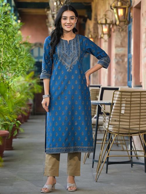 women printed three quarter sleeve straight kurta - 22014679 -  Standard Image - 0