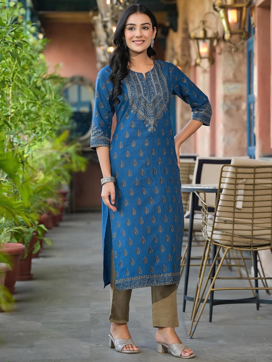 women printed three quarter sleeve straight kurta - 22014679 - Standard Image - 2