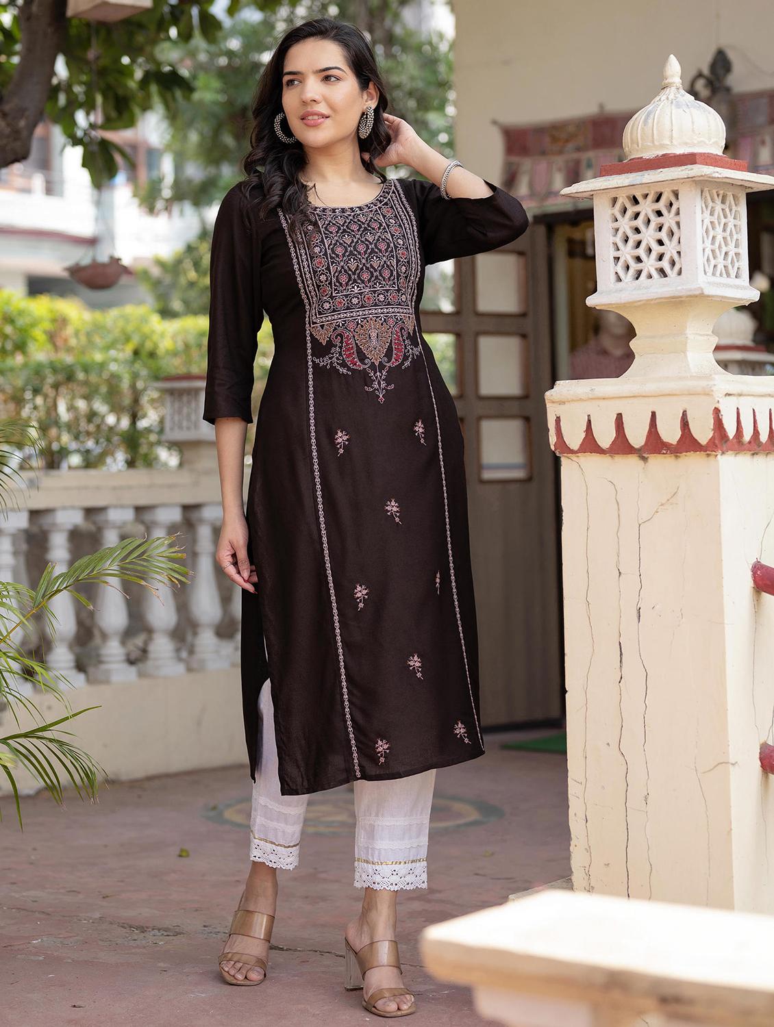 women three quarter sleeve straight kurta - 22014704 -  Zoom Image - 0