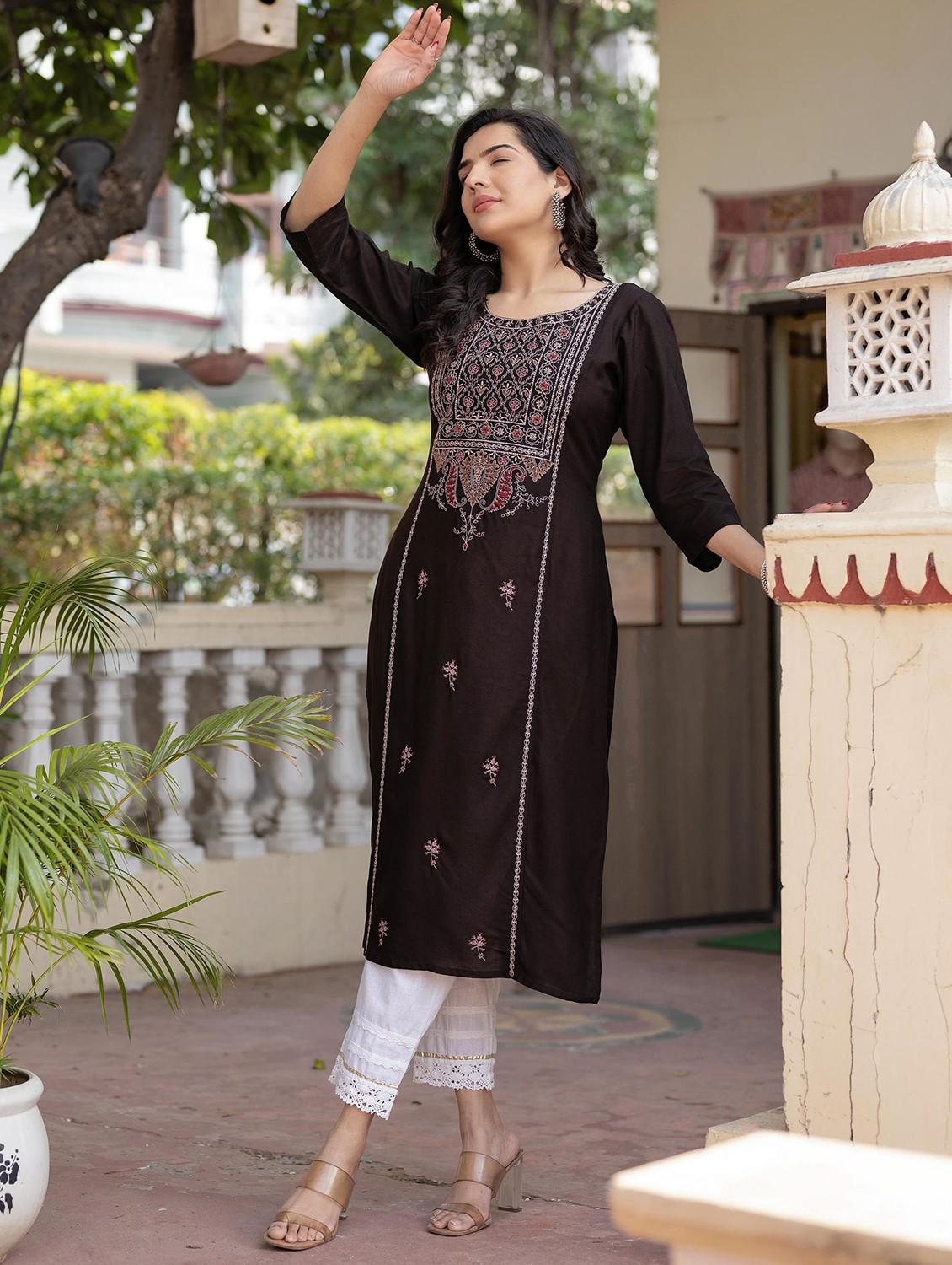 women three quarter sleeve straight kurta - 22014704 - Standard Image - 2