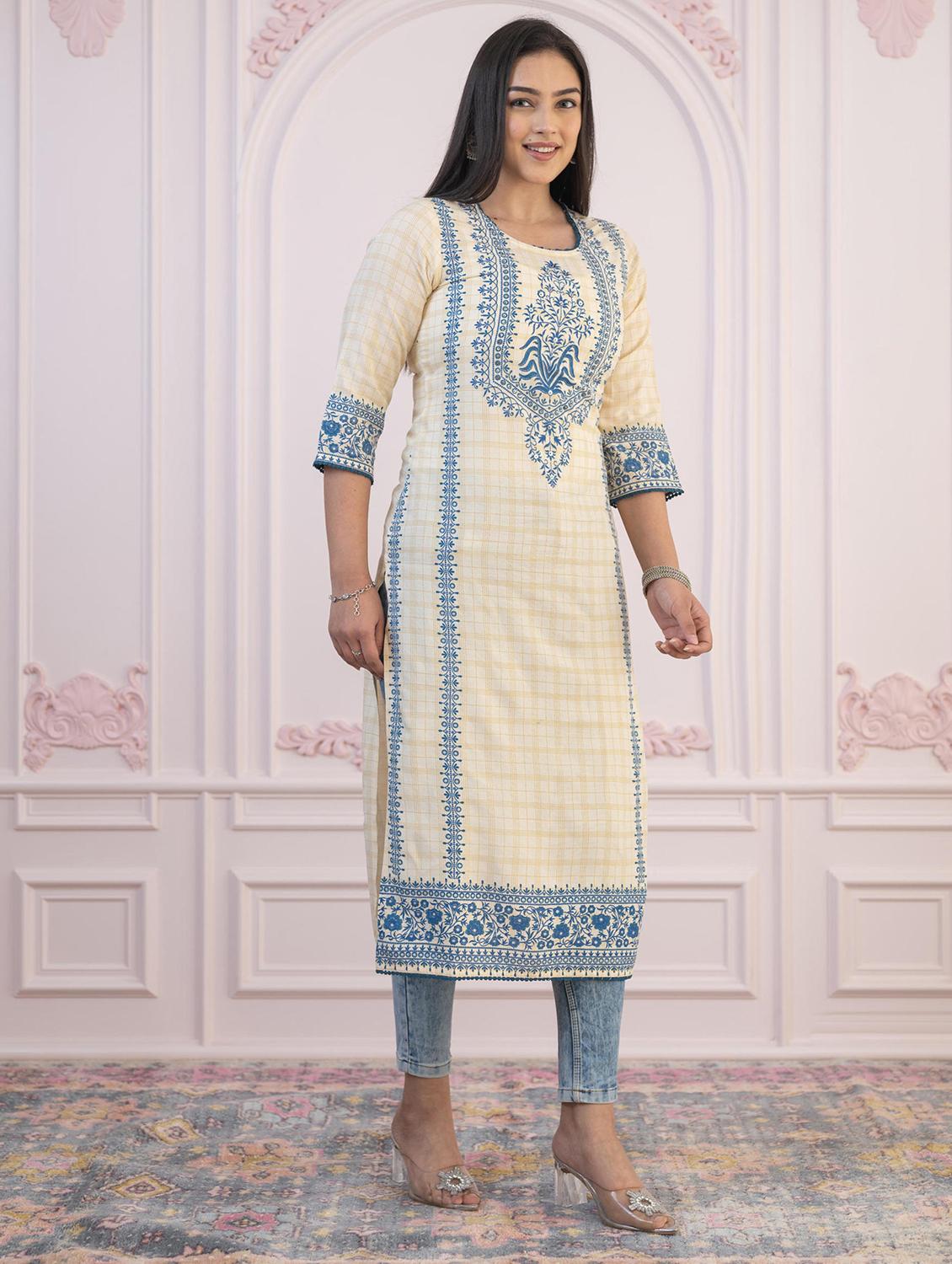 women checkered three quarter sleeve straight kurta - 22014710 - Standard Image - 2