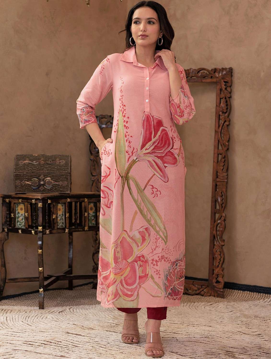 women floral three quarter sleeve straight kurta