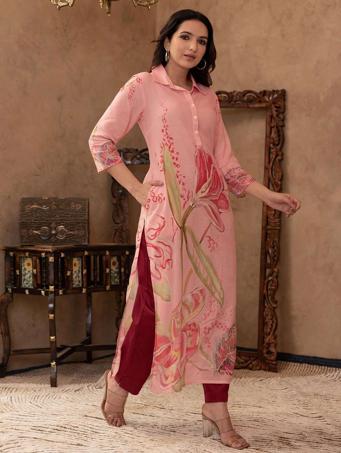 women floral three quarter sleeve straight kurta - 22014713 -  Standard Image - 2