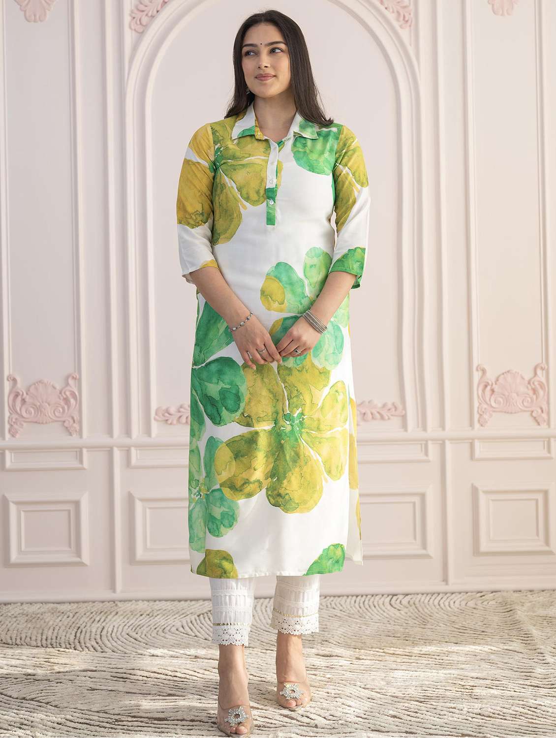 women floral three quarter sleeve straight kurta