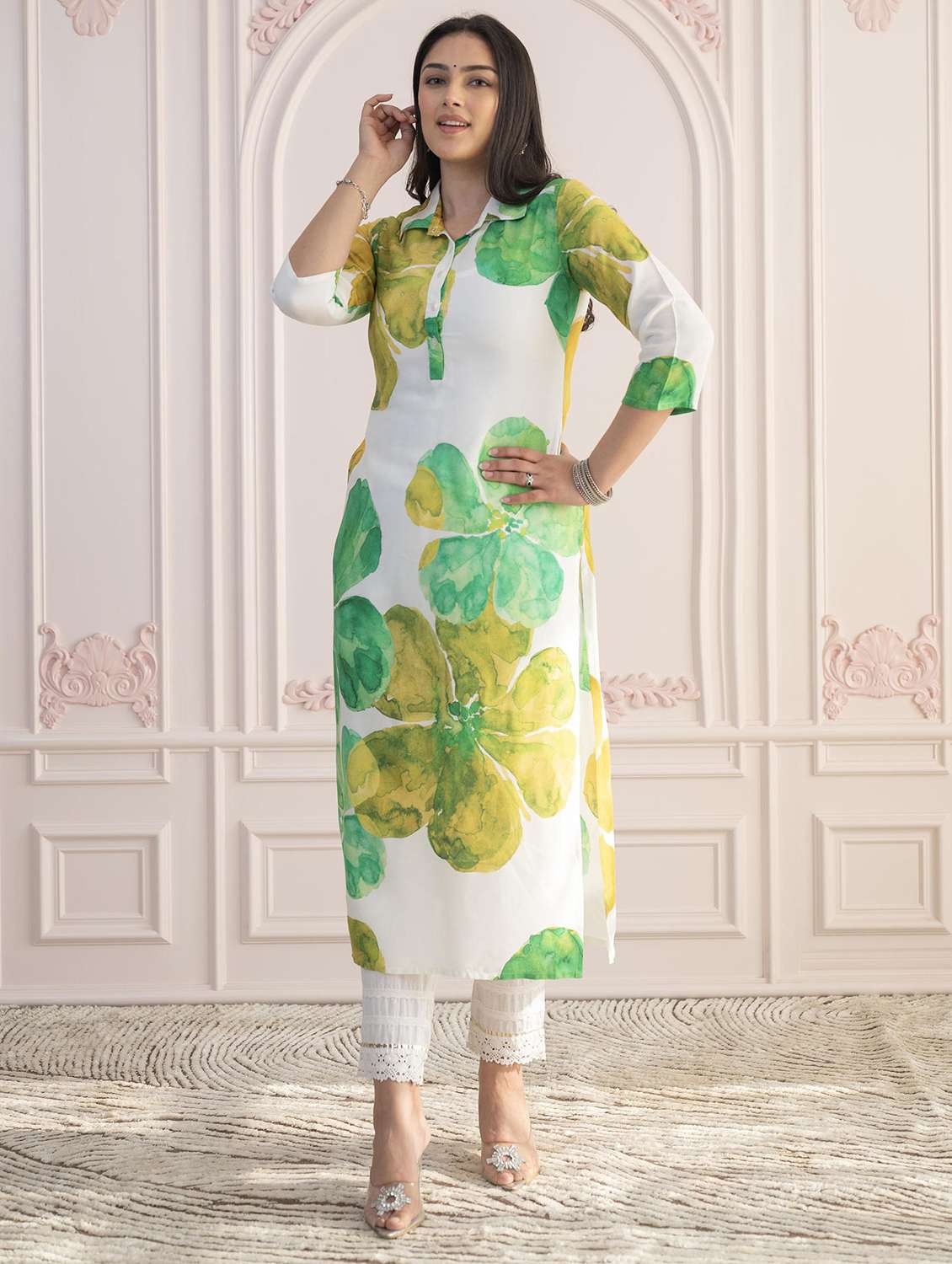 women floral three quarter sleeve straight kurta - 22014716 -  Standard Image - 2