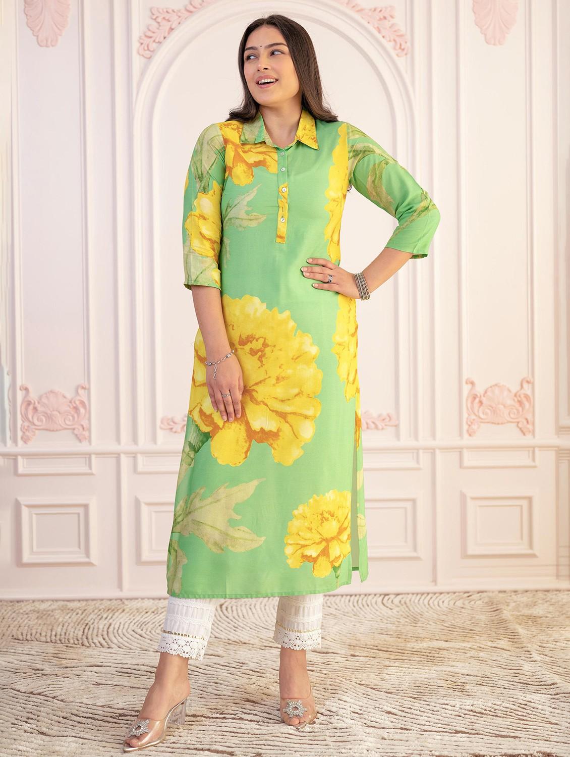 women floral three quarter sleeve straight kurta - 22014717 - Standard Image - 2