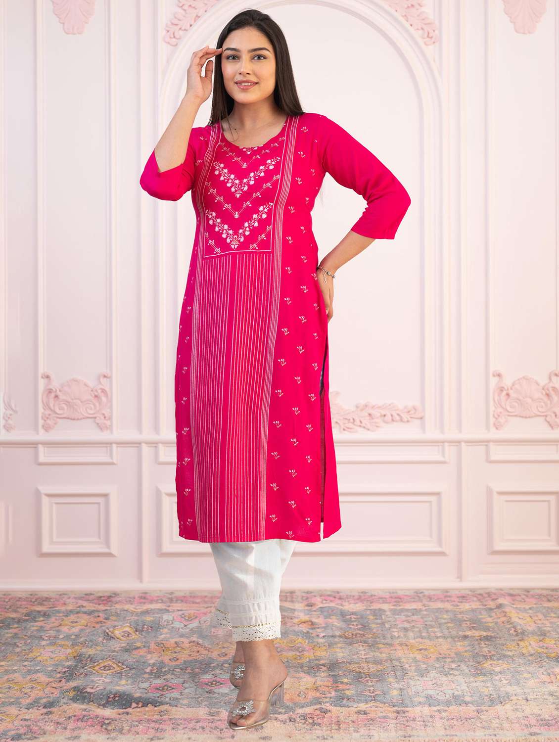 women printed three quarter sleeve straight kurta - 22014719 -  Standard Image - 2
