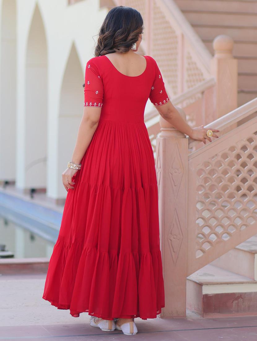 women solid with work short sleeve tiered ethnic dress - 22014721 - Standard Image - 2