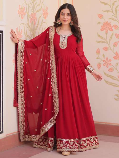 women embroidered long sleeve anarkali kurta dupatta set - 22014726 - Standard Image - 0