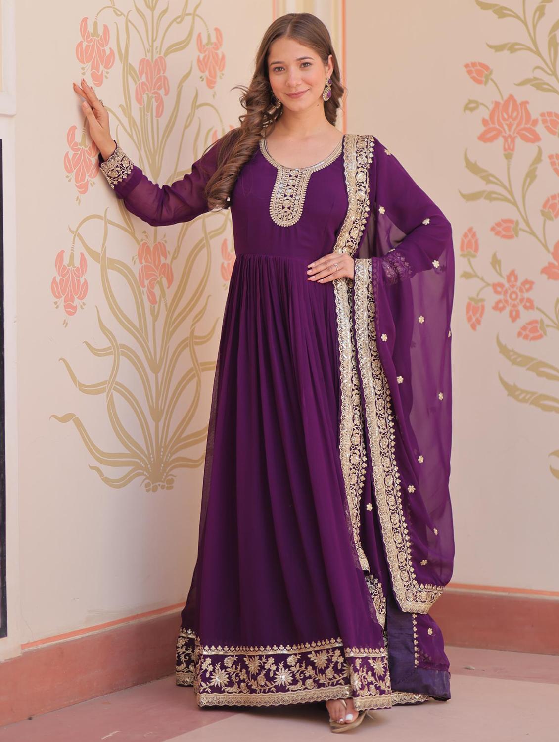 women embroidered long sleeve anarkali kurta dupatta set