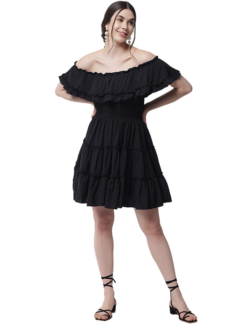 women black solid off shoulder tiered dress - 22016463 - Zoom Image - 0