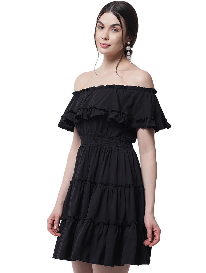 women black solid off shoulder tiered dress - 22016463 - Standard Image - 2