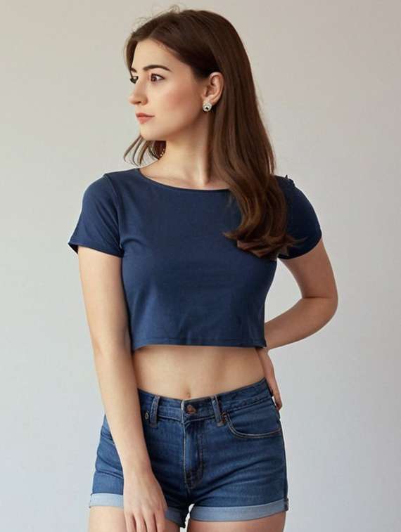 women solid short sleeve regular fit crop t-shirt - 22016567 -  Standard Image - 2