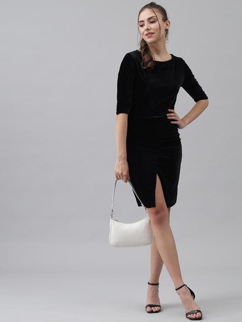 women solid round neck velvet sheath dress - 22017249 - Standard Image - 0