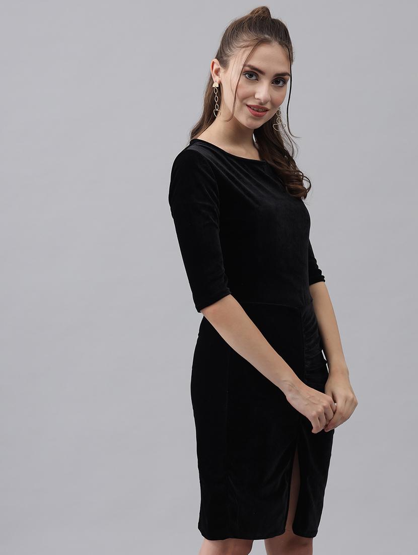 women solid round neck velvet sheath dress - 22017249 - Standard Image - 2