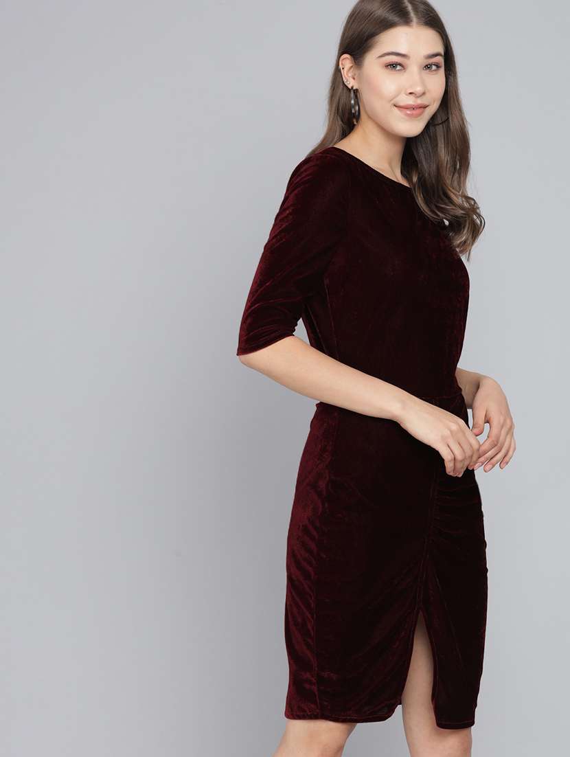 women solid round neck velvet sheath dress - 22017250 - Standard Image - 2