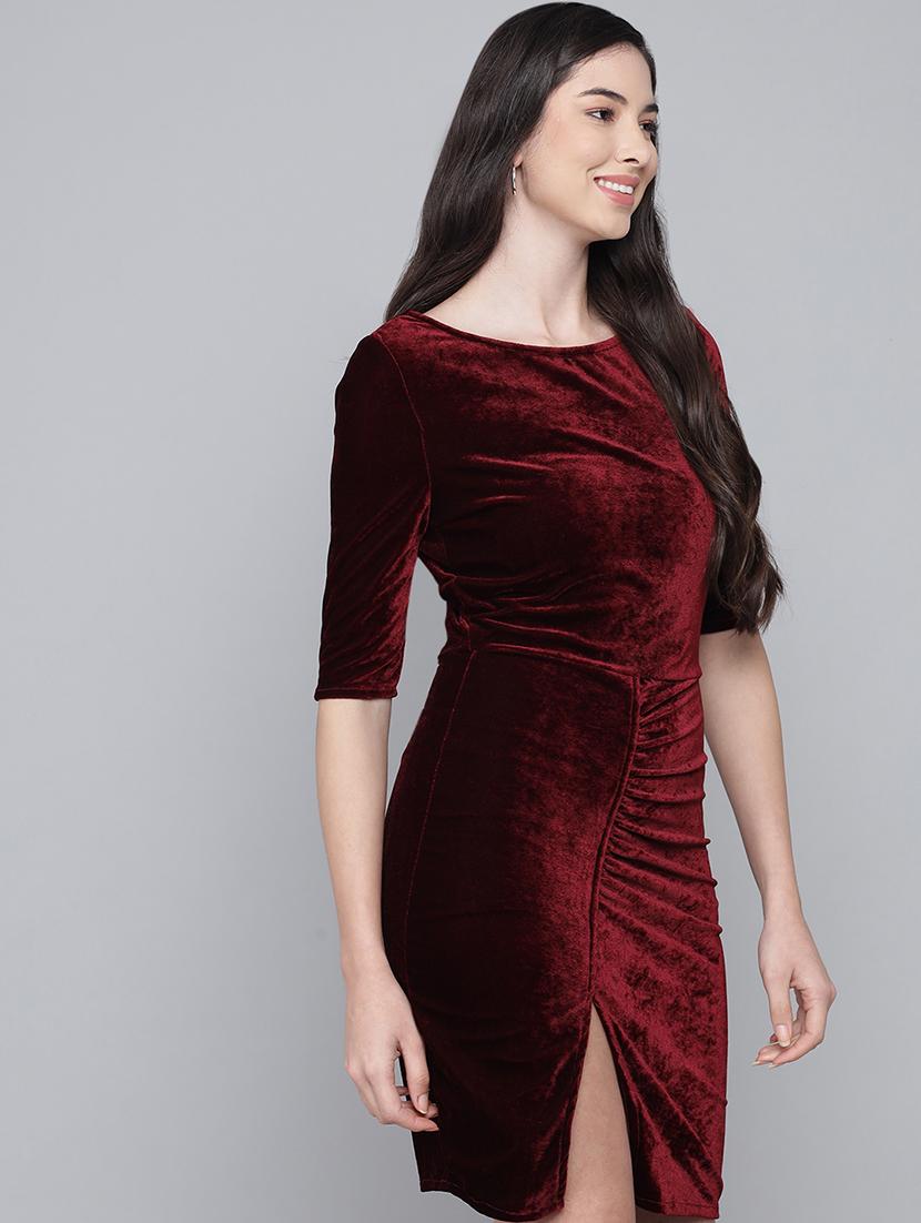 women solid round neck velvet sheath dress - 22017252 - Standard Image - 2