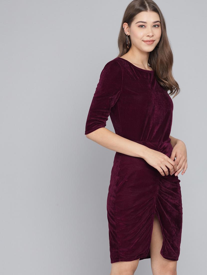 women solid round neck velvet sheath dress - 22017253 - Standard Image - 2