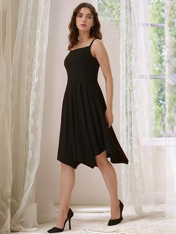 women black solid shoulder strap asymmetric dress - 22017532 - Standard Image - 2