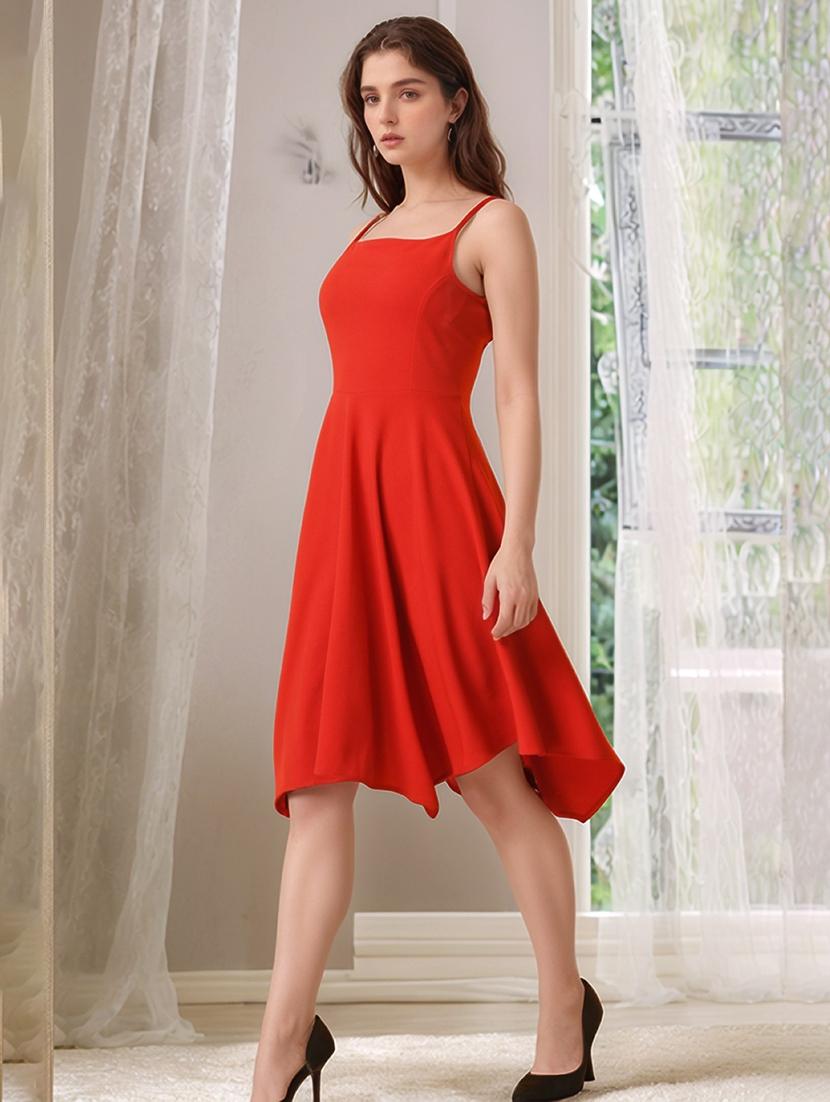 women solid shoulder strap asymmetric dress - 22017533 - Standard Image - 2