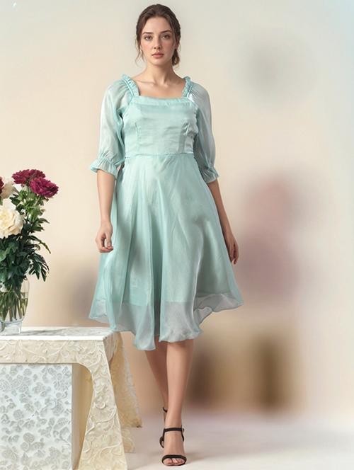 women solid puff sleeve a-line dress - 22017535 - Standard Image - 0