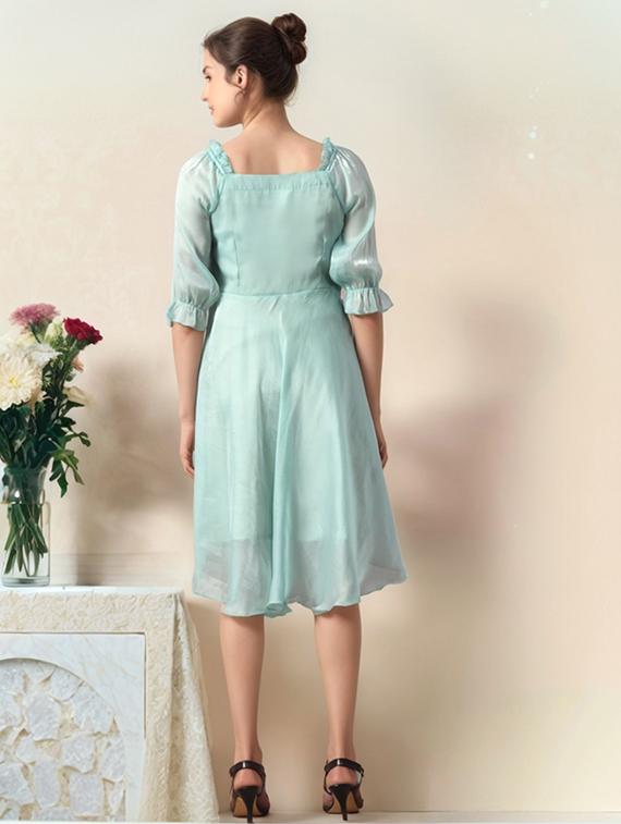 women solid puff sleeve a-line dress - 22017535 - Standard Image - 2
