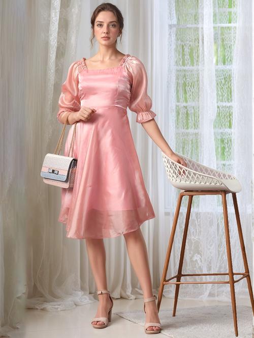 women pink solid puff sleeve a-line dress - 22017536 -  Standard Image - 0