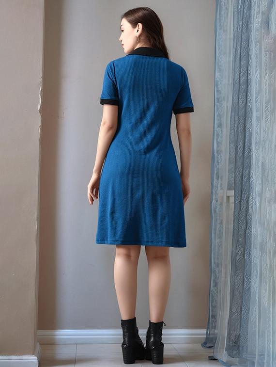 women solid collared short sleeve a-line dress - 22017544 - Standard Image - 2