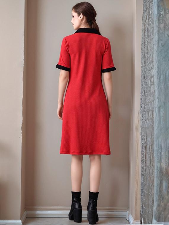 women solid collared short sleeve a-line dress - 22017545 - Standard Image - 2