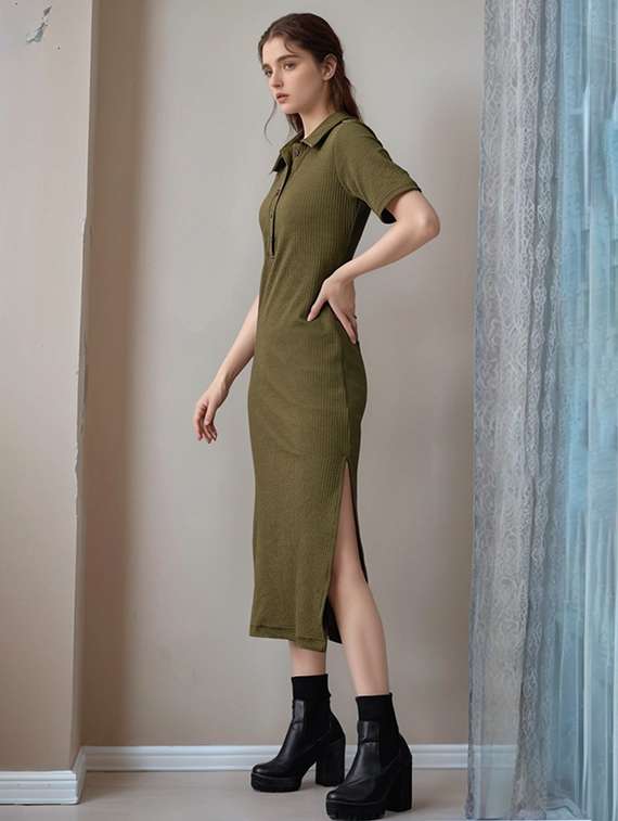 women olive solid collared straight dress - 22017547 - Standard Image - 2